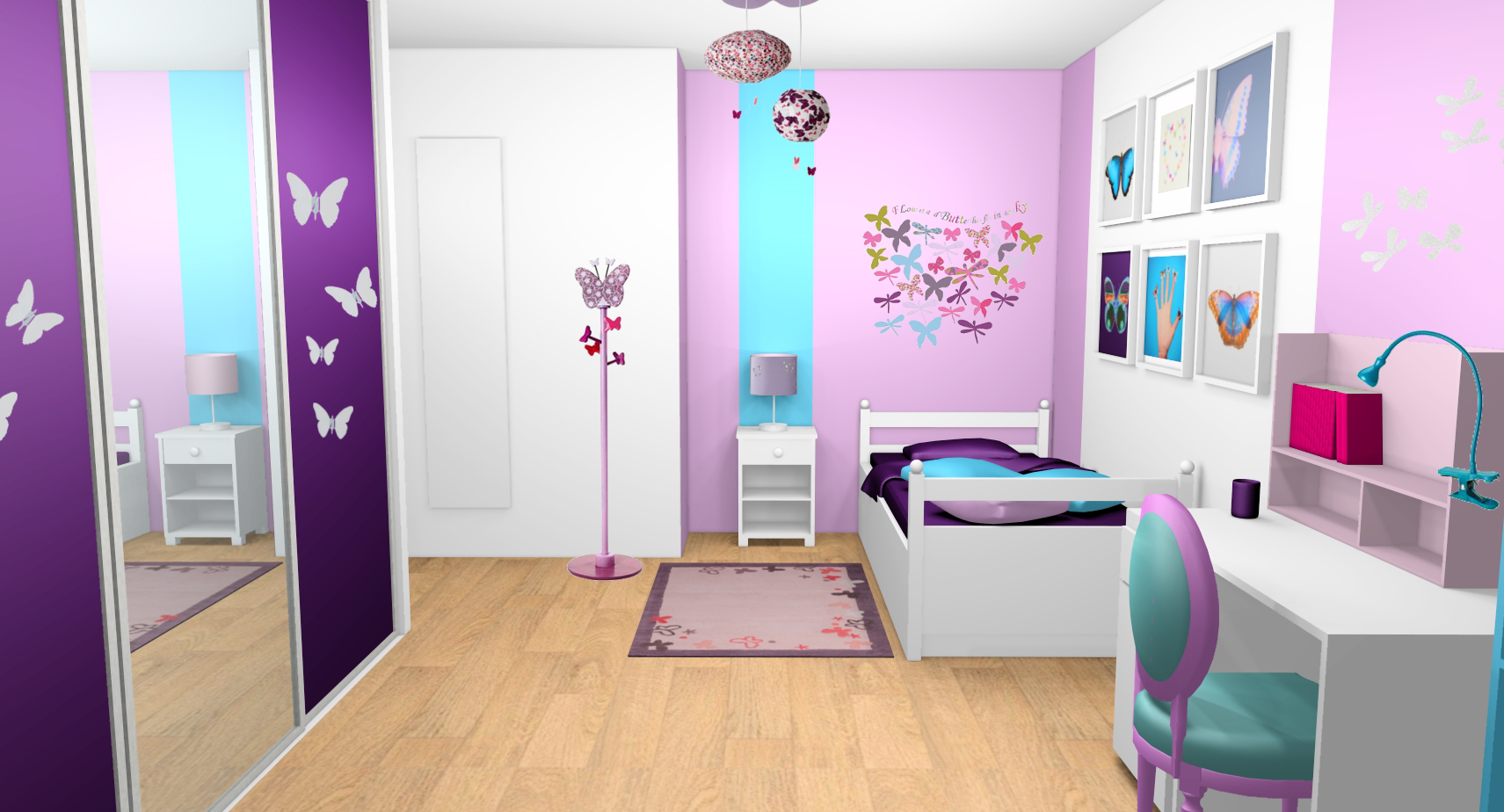 chambre fille violet mauve turquoise papillons bandes peinture 1