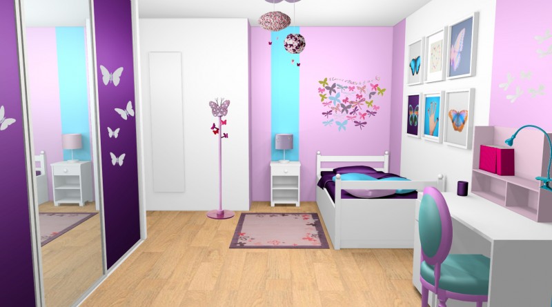 chambre-fille-violet-mauve-turquoise-papillons-bandes-peinture-1